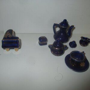 Vintage Miniature Dollhouse Cobalt 7-Pc Porcelain Dinnerware Set plus Piano